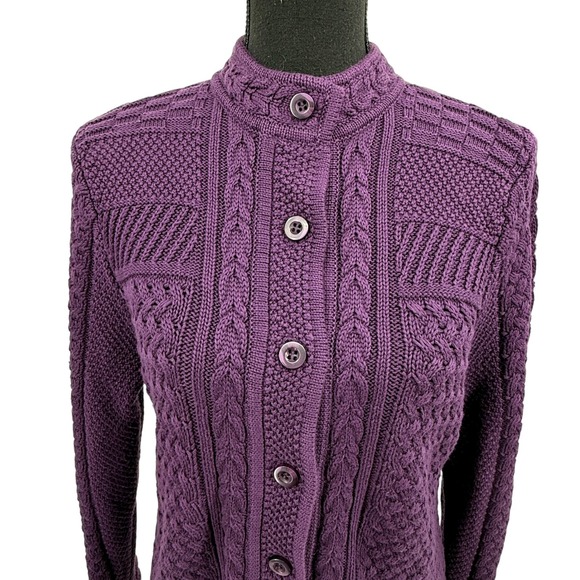 L.L. Bean Women's Sweater Cable Knit Purple Button Front Collarless Cotton Med - Picture 9 of 12